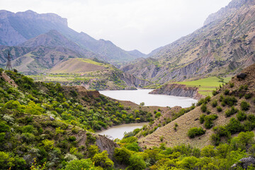 Fototapeta na wymiar Dagestan mountains and landscape, beautiful views and spectacular beauty and the river flows between the mountains and the canyon