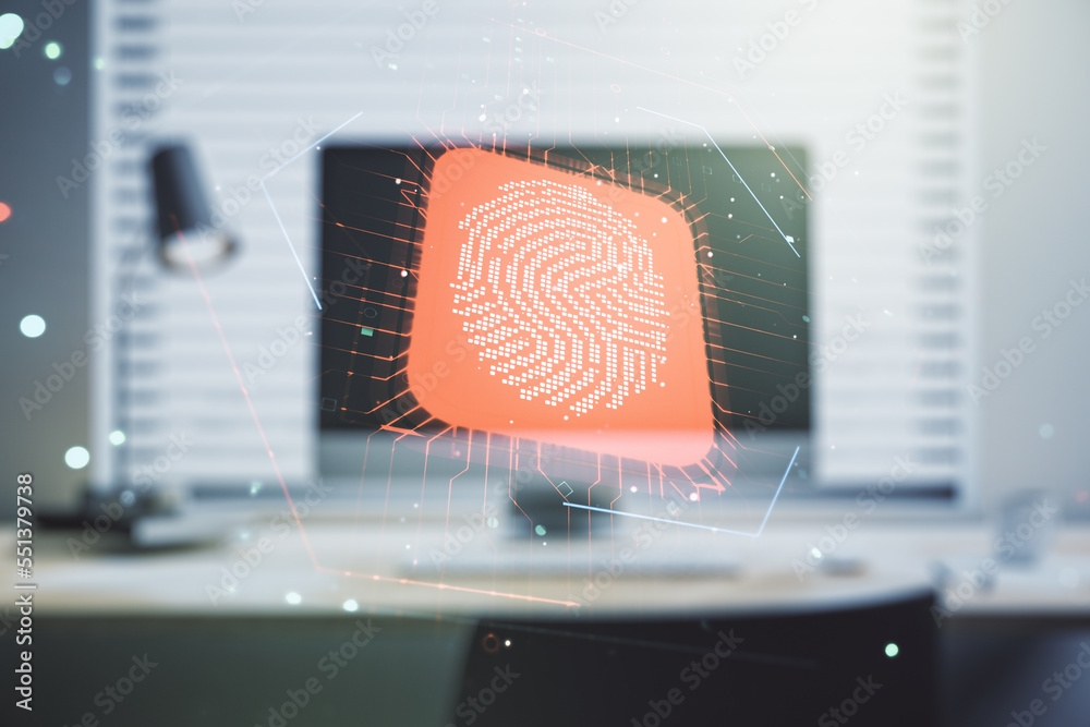 Fototapete multi exposure of abstract fingerprint scan interface on computer background, digital access concept