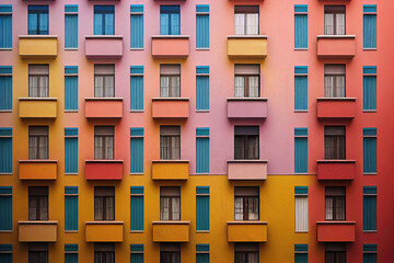 Colorful apartment building façade with balcony in Italian style - obrazy, fototapety, plakaty