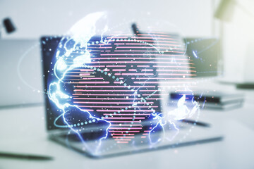 Double exposure of abstract digital world map with connections on computer background, big data and blockchain concept