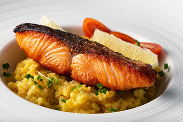 grilled salmon with saffron rice on a large white plate