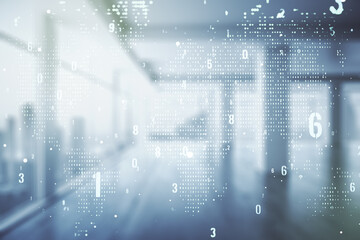 Multi exposure of abstract graphic coding sketch and world map on modern interior background, big data and networking concept