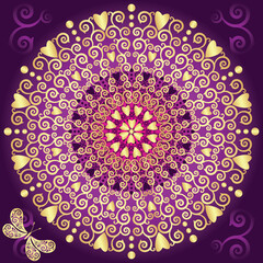 Valentine vintage gold and dark purple frame with mandala and butterfly, vector