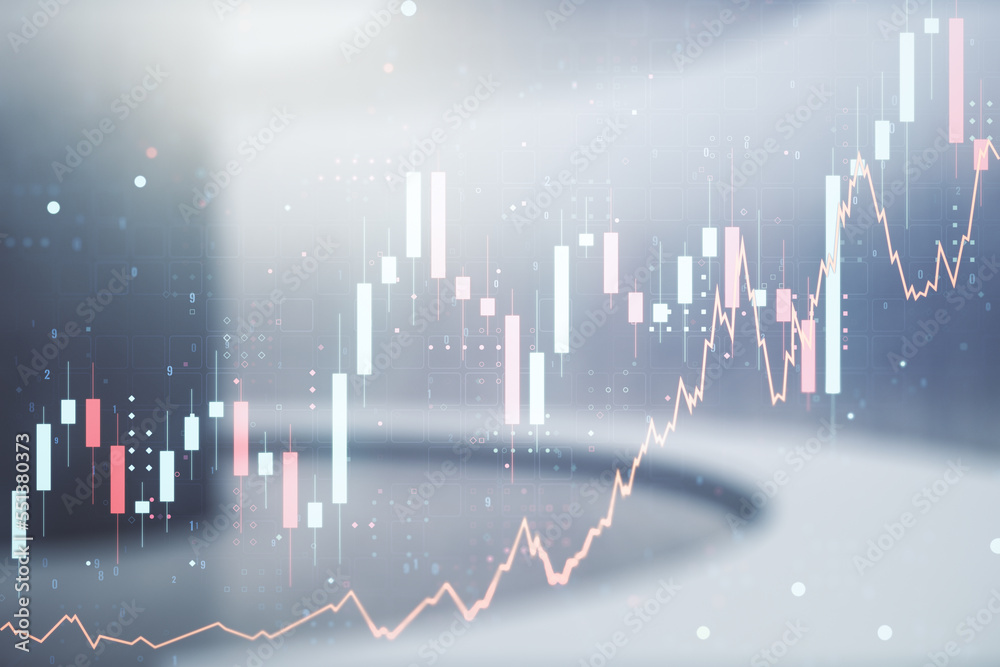 Poster multi exposure of virtual abstract financial graph interface on modern interior background, financia
