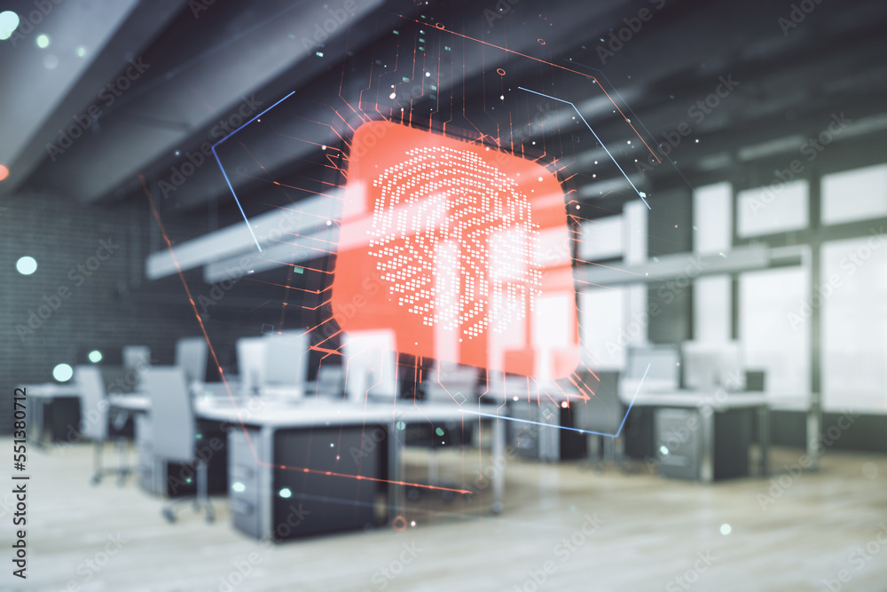 Poster Multi exposure of virtual abstract fingerprint illustration on a modern furnished office background, digital access concept