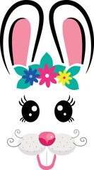 cartoon rabbit masks with pink ears and flowers on white isolated background