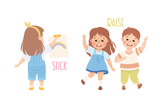 Little Boy and Girl Sticking Picture and Raising Hand Demonstrating Vocabulary and Verb Studying Vector Set