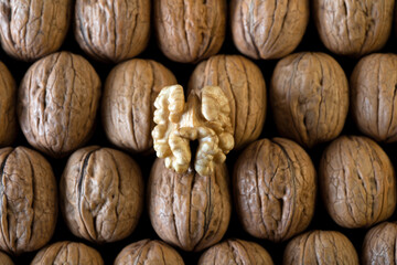 One peeled walnut, on the shelled walnut group