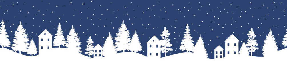 Fototapeta na wymiar Vector hand drawn winter trees and houses border. Christmas seamless banner with forest, houses and snow. New Year's mood.