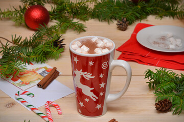 beautiful winter still life with a cup of cocoa on the table