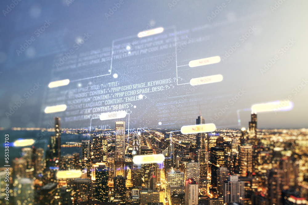 Poster multi exposure of abstract creative coding sketch on chicago city skyline background, artificial int