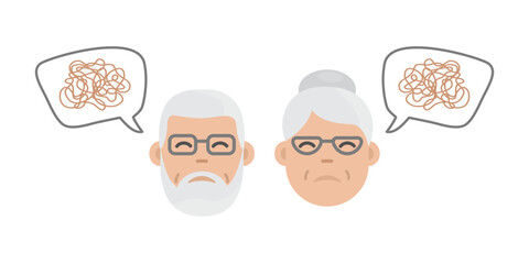 Dementia patient, alzheimer old man and woman vector, memory loss senior. Disease cartoon illustration