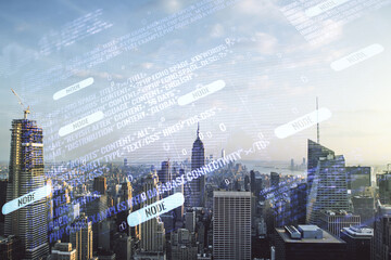 Multi exposure of abstract creative coding sketch and world map on New York city skyline...