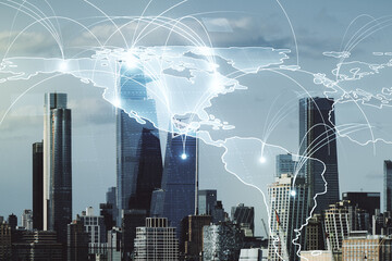 Double exposure of abstract digital world map hologram with connections on Manhattan office...