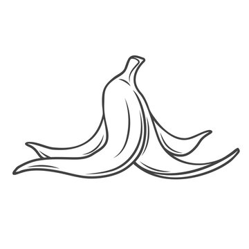 Banana Peel Line Icon Vector Illustration. Hand Drawn Outline Trash Skin Of Single Ripe Tropical Fruit, Simple Symbol Of Food Waste, Slippery Pitfall Failure And Accident, Organic Banana Garbage