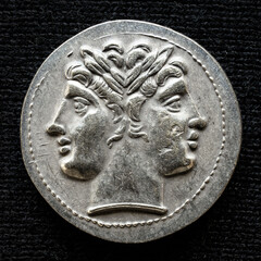 Ancient coin showing two-headed Roman god Janus, 225-214 BC. Vintage money isolated on black...