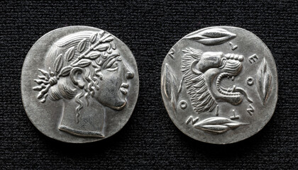 Ancient Greek coin showing god Apollo and lion, Leontini, Sicily. Top view of vintage silver money...