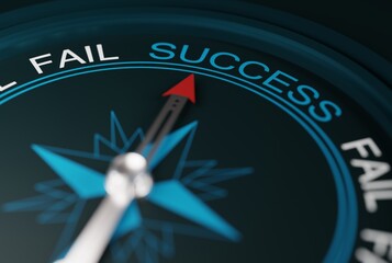 Compass pointing in the direction of success. The concept of winning, achieving success. A compass showing the direction of success instead of fail. 3D render, 3D illustration.