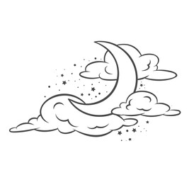 Half moon and clouds at night line icon vector illustration. Hand drawn outline cute crescent moon and stars of universe fly in sky for good sleep of kids, moonlight cloudy scene for childish decor