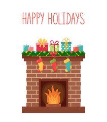 Merry Christmas and Happy New Year card. Fireplace with christmas decoration. Vector illustration