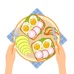 Hands holding fork and knife. Plate with avocado, pepper, toasts with egg and radish, vector illustration
