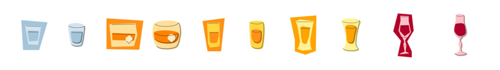 Vodka whiskey rum tequila liquor glass on white background. Cartoon sketch graphic design. Flat style. Colored hand drawn image. Party drink concept for restaurant, cafe, party. Freehand drawing style