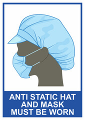 Anti static hat and mask safety signage. Man or woman head shape using industrial protective wear.