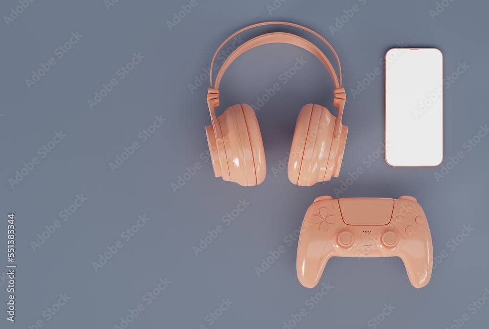 Wall mural Headphones, phone and game controller on the background. The concept of playing games, listening to music through headphones, technology. Playing games for entertainment. 3D render, 3D illustration.