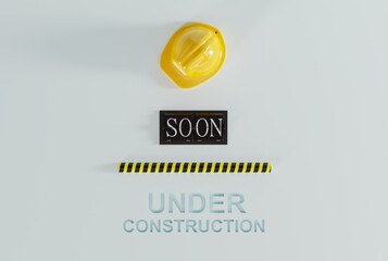 A construction helmet and a countdown clock with SOON written under construction. Concept of renovation, preparing something, building. Warning against road and construction works. 3D illustration.
