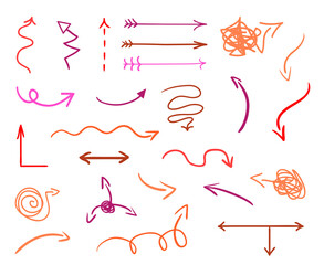 Hand drawn colored pointers on white. Abstract arrows. Line art. Set of different signs. Colorful illustration. Sketchy doodles for artwork