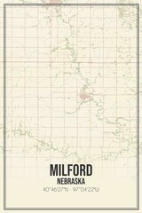 Retro US city map of Milford, Nebraska. Vintage street map.