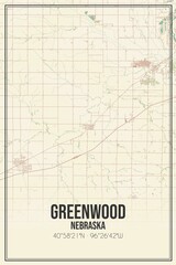 Retro US city map of Greenwood, Nebraska. Vintage street map.