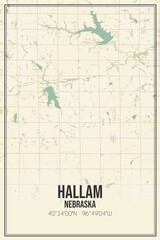 Retro US city map of Hallam, Nebraska. Vintage street map.