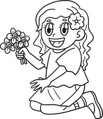 Spring Girl Picking Flower Isolated Coloring Page