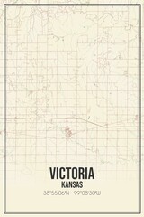 Retro US city map of Victoria, Kansas. Vintage street map.