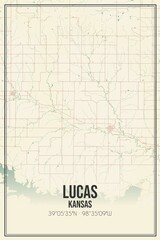 Retro US city map of Lucas, Kansas. Vintage street map.