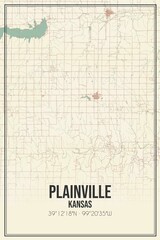 Retro US city map of Plainville, Kansas. Vintage street map.