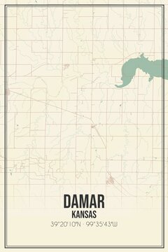 Retro US city map of Damar, Kansas. Vintage street map.
