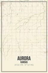 Retro US city map of Aurora, Kansas. Vintage street map.