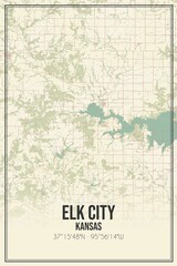 Retro US city map of Elk City, Kansas. Vintage street map.
