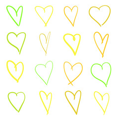 Colorful hearts on isolated white background. Hand drawn set of love signs. Unique abstract image for design. Line art creation. Colored illustration. Elements for poster or flyer