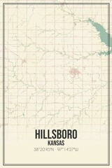 Retro US city map of Hillsboro, Kansas. Vintage street map.