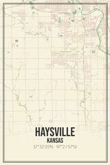 Retro US city map of Haysville, Kansas. Vintage street map.