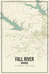 Retro US city map of Fall River, Kansas. Vintage street map.