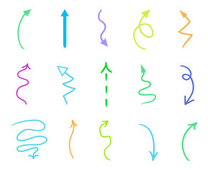 Hand drawn colored shapes on white. Abstract arrows. Line art. Set of different signs. Colorful illustration. Doodles for artwork