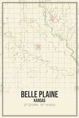 Retro US city map of Belle Plaine, Kansas. Vintage street map.