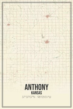 Retro US city map of Anthony, Kansas. Vintage street map.