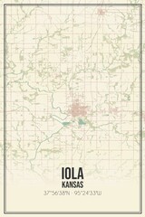Retro US city map of Iola, Kansas. Vintage street map.