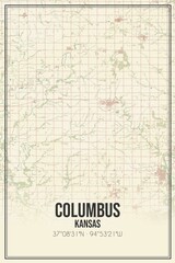 Retro US city map of Columbus, Kansas. Vintage street map.