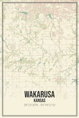 Retro US city map of Wakarusa, Kansas. Vintage street map.